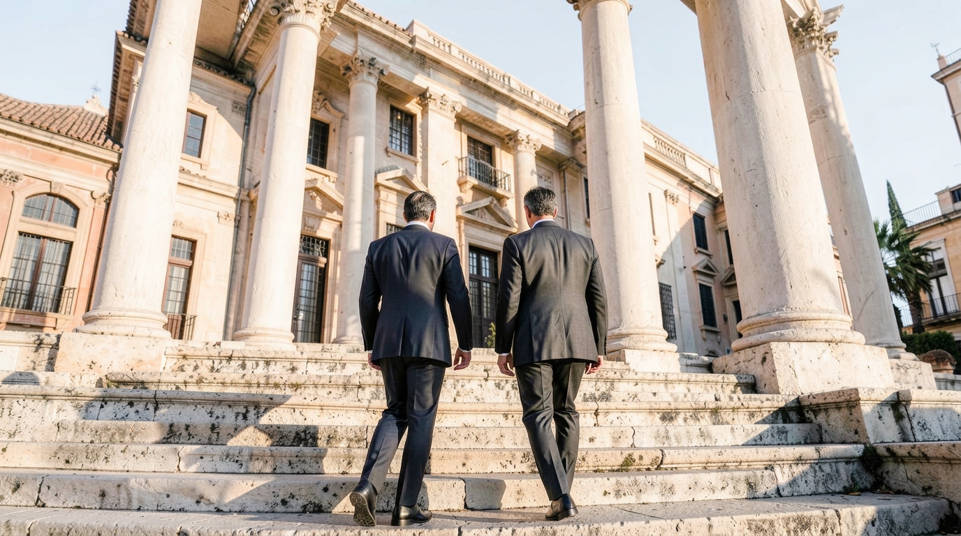 Dos abogados subiendo las escaleras de piedra de un juzgado clásico