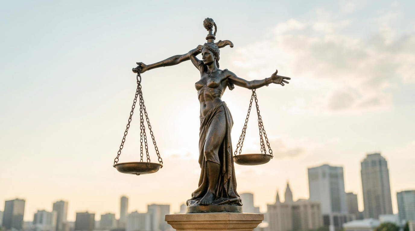 Estatua de la Justicia a contraluz sobre el horizonte de la ciudad